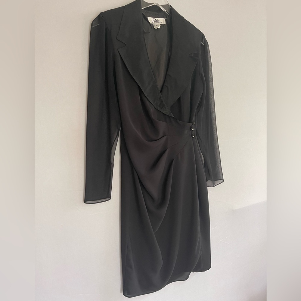 90s Style Sheer Sleeve Satin Collar Wrap Coat Dress‎ in Black SZ 6